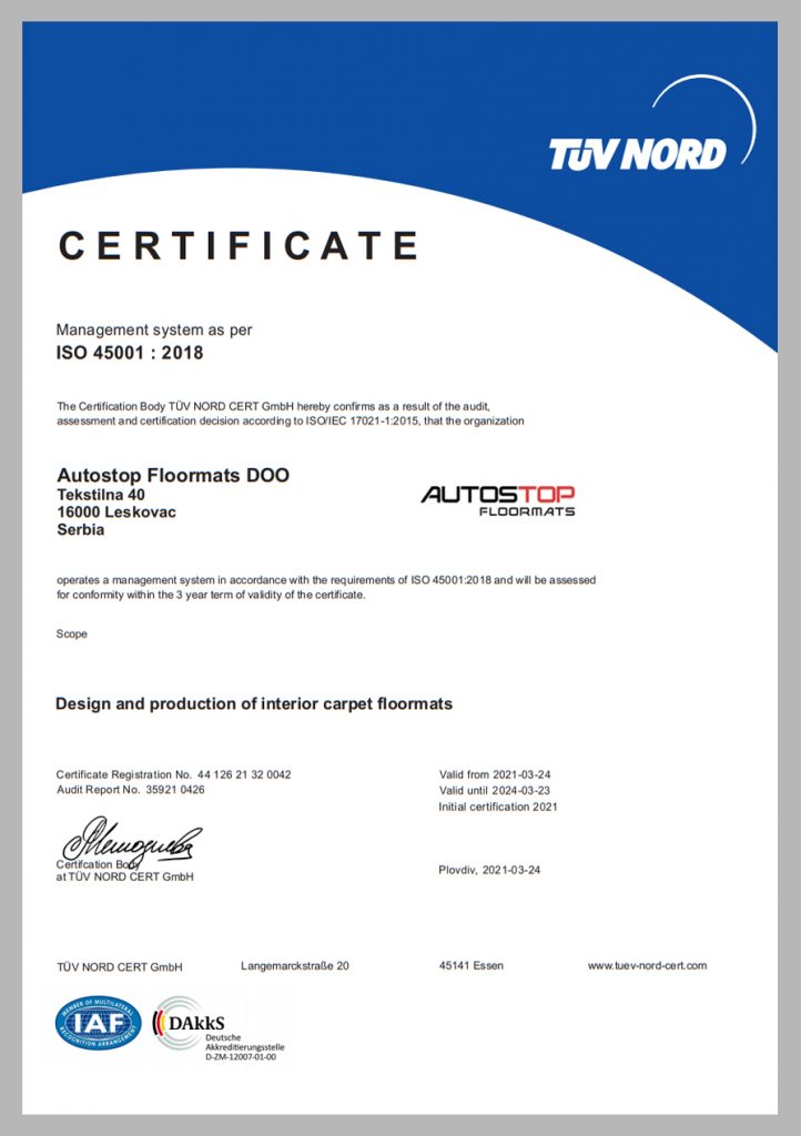 Autostop Floor Mats 2021 ISO45001-2018